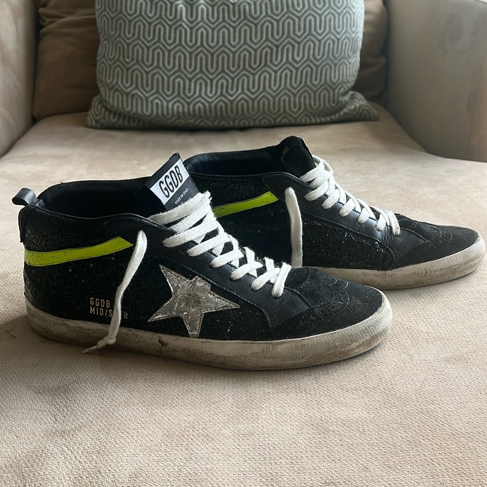 Golden Goose GGDB Mid Star Sneakers - Black Glitter with Neon Stripe